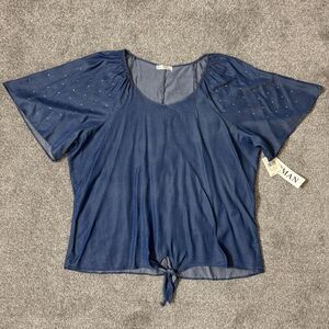 Retrology Shirt Womens 2X Blue Medium Chambray Tie Front Studded Sleeve Top NWT